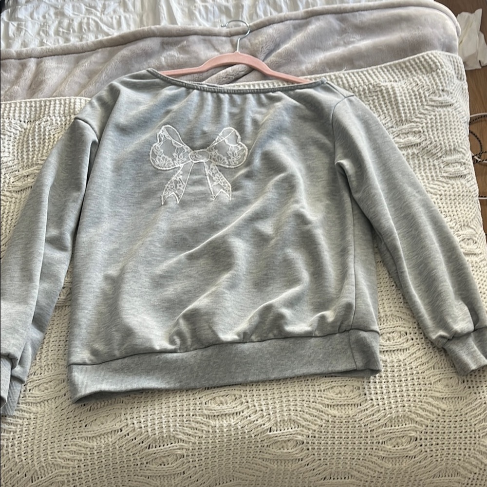Gray Sweatshirt with Lace Bow Detail